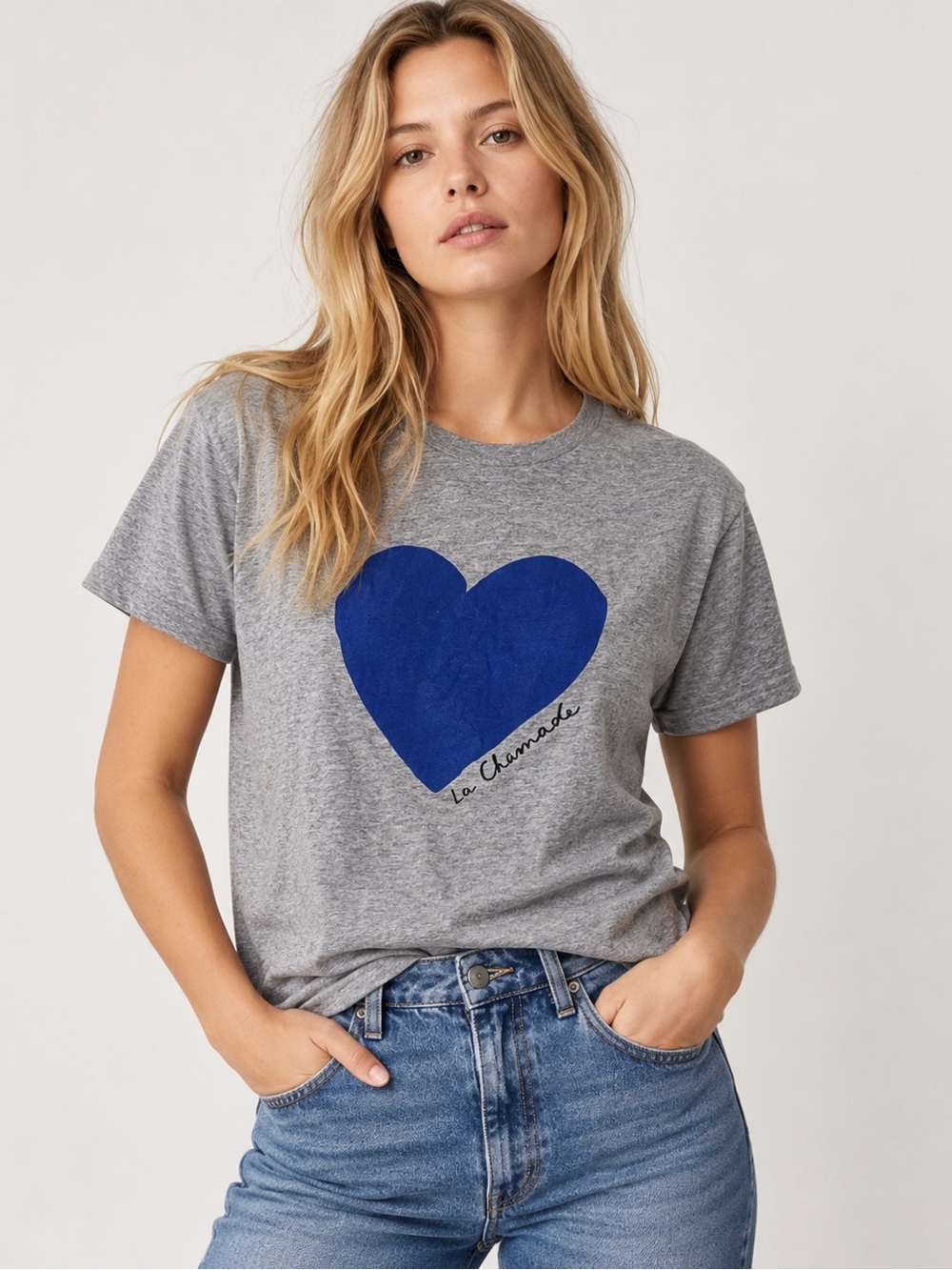 Sezane Grey Tee with Blue Heart Graphic